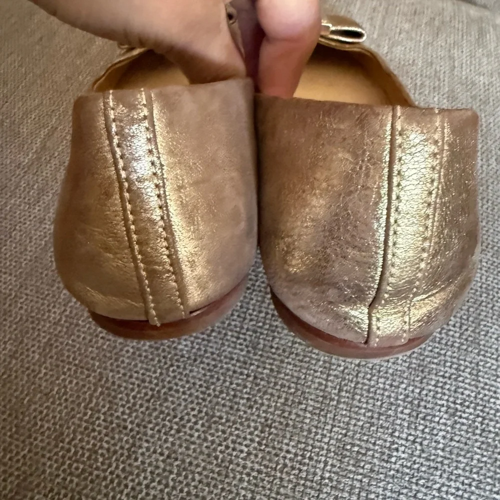 Tory Burch Gold Metallic Bow Leather Ballet Flats with Logo Plaque